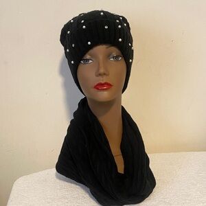 Ashley Stewart Black Beanie with Pearls and Infinity Scarf Set